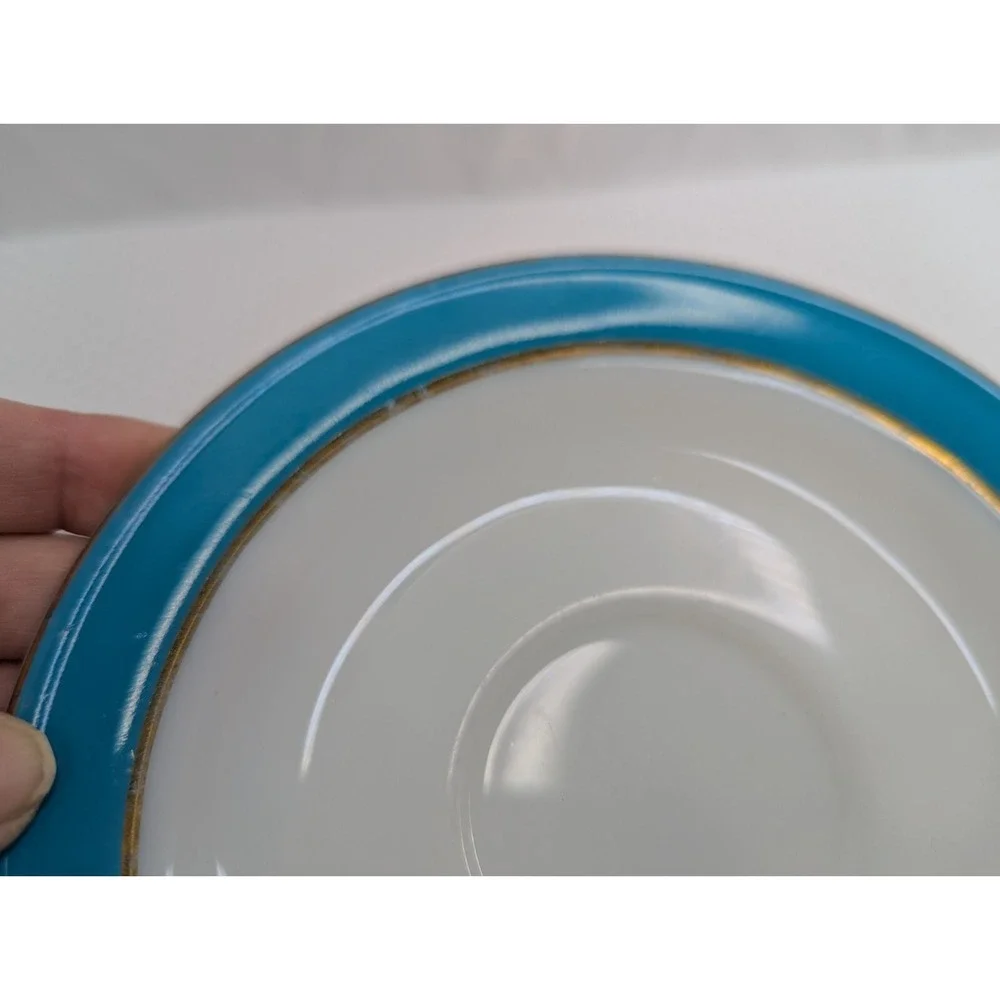 Pyrex Teal Blue Gold Stripe Plate Saucer 6.25 Inch Lot‎ of 5